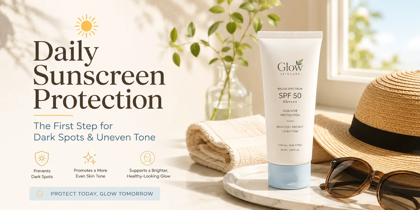 Sunscreen product labeled SPF 50 by Glow Skincare displayed on a sunny surface with a straw hat, sunglasses, and a towel.